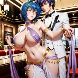 ai_generated arabian_clothes big_breasts blue_hair couple dancing high_school_dxd lovers tuxedo xenovia_quarta yellow_eyes