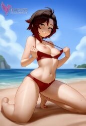 1girls 2d ai_generated ass back barefoot beach beachball big_ass big_breasts bikini black_bikini day erophoenix feet gradient_hair looking_at_viewer looking_back multicoloured_hair nipple_slip nipples outdoors pale_skinned_female patreon_username red_hair ruby_rose rwby short_hair sitting sky smile soles solo swimsuit two-tone_hair umbrella uncensored