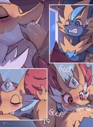 2025 agious anthro balls bathing bathroom blue_glans bodily_fluids breasts canid canine comic cum cum_in_mouth cum_inside delphox dialogue digital_drawing_(artwork) digital_media_(artwork) english_text fangs felid feline fellatio female fur generation_6_pokemon generation_7_pokemon genital_fluids genitals glans head_grab headgear hi_res humanoid_genitalia humanoid_penis legendary_pokemon male male/female mammal medium_breasts motion_lines nintendo oral penile penis pokemon pokemon_(species) pokemorph sex shaded shaded_background surprise_sex surprised teeth text tongue veyneria_(agious) wall_(structure) water white_body white_fur zeraora