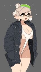 1girls big_breasts bikini blush breasts facial_markings female huge_breasts inkling jacket light-skinned_female light_skin looking_at_viewer marie_(splatoon) nintendo pointy_ears revealing_clothes short_hair slightly_chubby snow splatoon splatoon_(series) tentacle_hair thick_thighs useless_clothing white_hair wide_hips y-string yellow_eyes yuta_agc