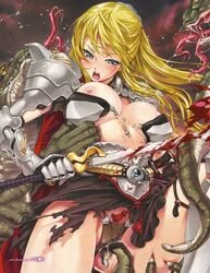 1girls 2boys amputee armor beige_skin bestiality blonde_hair blood blood_stain bloody_sword clothes color cut cuts female gore happoubi_jin highres human imminent_rape injury interspecies long_hair male monster nipples overhand_grip puncture red_blood straight tentacles torn_clothes warrior weapon