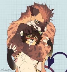 anthro big_breasts blush bodily_fluids breasts cheetah dominant dominant_male dripping duo felid feline female flochiie front_view head_rub head_scratch hi_res hybrid larger_male looking_pleasured male male/female male_dominating_female mammal neck_hold neck_hug nipples nude saliva saliva_drip signature size_difference standing submissive submissive_female