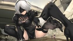 3girls big_breasts blindfold breasts clothing devola female female_only giantess hairband light-skinned_female light_skin micro nier nier:_automata popola shizeart short_hair shrunk shrunken_female size_difference thighhighs white_hair yorha_2b
