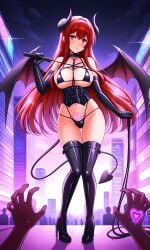 ai_generated bangs bare_shoulders bat_wings bikini black_bikini black_footwear black_gloves black_legwear black_thighhighs blush bondage_outfit boots breasts city cleavage clothing corset demon_girl demon_horns demon_tail demon_wings elbow_gloves female female footwear gloves heart high_heel_boots high_heels holding holding_whip horns large_breasts latex legwear long_hair looking_at_viewer male moon navel night o-ring pov_hands pubic_tattoo red_eyes red_hair revealing_clothes shoes sky smile solo_focus standing succubus swimsuit tail tattoo thigh_boots thigh_gap thighhighs thighs wings