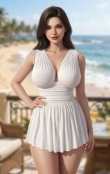 1girls 3d ai_generated beach black_hair blurry_background cleavage dress gemini hand_on_hip hourglass_figure large_breasts light-skinned_female lipstick long_hair looking_at_viewer loose_hair ocean_background one_hand_on_hip realistic rgomez007 seductive_look self_upload warm_lighting white_clothing