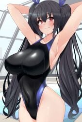bodysuit clothed huge_breasts neptunia_(series) noire noire_(neptunia) skin_tight swimsuit thick_thighs