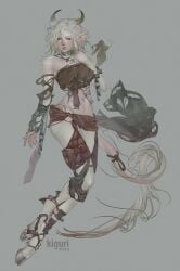 absurd_res armor belly blue_eyes chains clothing female front_view fur hair hi_res hooves horn horned_humanoid humanoid humanoid_pointy_ears kiguri mythology navel pale_skin pointy_ears satyr simple_background solo split_form tail tailed_humanoid unguligrade white_body white_fur white_hair