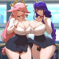 1girls 2girls ai_generated bangs black_skirt blush bracelet breasts choker cleavage earrings erection erection_under_clothes futanari genshin_impact hair_ornament hand_on_own_chest huge_breasts jewelry long_hair looking_at_viewer multiple_girls panties penis pink_hair pleated_skirt purple_eyes purple_hair racerai raiden_shogun school_uniform shirt skirt smile tagme testicles thighs very_long_hair white_shirt yae_miko