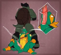 animal_genitalia animal_penis anthro anus bodily_fluids cum cum_while_penetrated duo ejaculation equine_genitalia equine_penis erection genital_fluids genital_slit genitals hands-free hi_res male male/male male_penetrated male_penetrating male_penetrating_male michelangelo_(tmnt) mishajeans muscular oral oral_orgasm oral_penetration orgasm penetration penis reptile scalie sex simple_background sitting standing teenage_mutant_ninja_turtles turtle x-ray_view