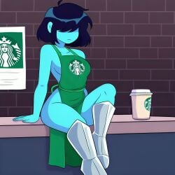 ai_generated apron apron_only bangs blue_skin blue_skinned_female bob_cut brick_wall clothed coffee coffee_cup coffee_shop counter curvy dark_blue_hair deltarune employee employee_uniform female female green_apron hair_over_eyes indoors kris_(deltarune) medium_breasts metal_boots neutral_expression nude_apron pixai poster shadow_over_eyes shoulder_length_hair sitting_on_counter solo starbucks starbucks_barista starbucks_uniform thick_thighs undertale_(series) uniform