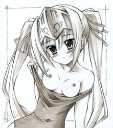 big_breasts blush breasts eucliwood_hellscythe kore_wa_zombie_desu_ka? large_breasts monochrome nipples swimsuit