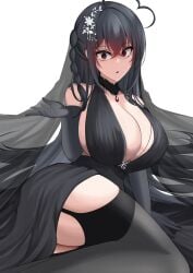 absurdres ahoge azur_lane black_choker black_hair blush braid breasts bridal_veil choker cleavage dress elbow_gloves garter_belt gloves hair_between_eyes hair_ornament highres huge_breasts jewelry long_hair necklace open_mouth red_eyes shaded_face shigenohara_kitoha taihou_(azur_lane) thighhighs thighs veil wedding_dress yandere