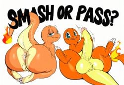 ai_generated anthro anus ass balls big_butt big_penis blue_eyes charmander duo english_text erection female feral fire flaming_tail generation_1_pokemon genitals hellsonger hi_res humanoid_genitalia humanoid_penis looking_at_viewer looking_back male nintendo nude orange_body orange_skin penis pokemon pokemon_(species) presenting presenting_hindquarters pussy reptile scalie simple_background smile text thick_thighs white_background