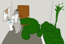 absurd_res ass bathroom bottom_heavy brushing_teeth demon demon_female female female_demon green grey_skin hyper_scat large_ass non_vore odd_scat original_character plump scat toastyloaf zyn_(toastyloaf)