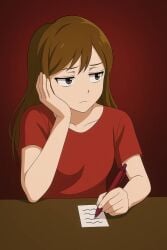 aged_up bored brown_hair digital_art five_nights_at_angry_birds fnaf_fangame looking_at_other_side nardy_fitzgerald normal pabloyt6726297 pen_grab red_background red_shirt stoic writing