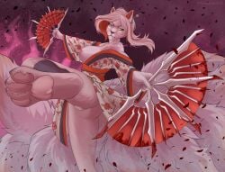 4_toes 5_fingers 9_tails absurd_res albtraumwach anthro asian_clothing asian_mythology black_nose blade blood bodily_fluids canid canine cherry_blossom claws clothing east_asian_clothing east_asian_mythology fantasy feet female female_anthro female_nipple fingers fire flower fluffy fluffy_tail foot_focus fox fox_spirit fur generation_1_pokemon genitals green_eyes hair hi_res hindpaw japanese_clothing japanese_mythology kimono leaf mammal multi_tail mythology ninetales nintendo nipples pawpads paws personal_grooming pink_background pink_nipples pink_vulva plant pokemon pokemon_(species) prunus_(flower) pussy red_hair rose_(flower) simple_background solo styling_hair tail toe_claws toes vulva white_body white_fur white_hair yuna_(mari274)