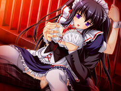 1boy1girl black_hair bloody_rondo bra breast_grab censored female_focus female_on_top female_penetrated game_cg hand_on_breast lace-trimmed_bra lace_trim long_hair maid mouth_open penis purple_eyes pussy pussy_juice sakaki_maki sayaka_kamizu sex sitting_on_lap sitting_on_penis straight thigh_highs thighhighs white_bra