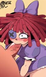 1boy 1girl ai_generated black_eye blowjob blush blush_stickers button_eye clothed dress female male male_pov oral oral_sex orange_background pixai purple_bow purple_dress ragatha_(the_amazing_digital_circus) red_hair simple_background straight sucking sucking_penis the_amazing_digital_circus