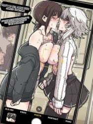 1boy 2girls background big_breasts breasts_against_breasts chainsaw_man denji_(chainsaw_man) fami_(chainsaw_man) kobeni_higashiyama mark_gavatino public public_sex recording_on_phone speech_bubble thighhighs train yuri