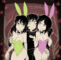 andrew_graves animal_ears ashley_graves bags_under_eyes black_hair bowtie bowtie_collar breast_grab breasts brother_and_sister bulge bulge_through_clothing bunny_ears cleavage english_text eyes female fishnet_armwear fishnet_legwear green_eyes hand_on_hip human leaves legwear leotard male mother_and_daughter mother_and_son pink_eyes renee_graves spec_almond_(artist) the_coffin_of_andy_and_leyley thighs thought_bubble trees wrist_cuffs