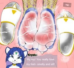1girls 3_toes anthro blue_hair bodily_fluids canid canine clothing countershade_feet countershading cum cum_on_feet digital_media_(artwork) dummycervine english_text feet female female_anthro female_only foot_fetish foot_focus footprint footprint_in_shoe footwear fox genital_fluids hair hi_res humanoid_feet krystal krystal_(star_fox) looking_at_viewer mammal nintendo plantigrade shoes shoes_removed smell smelly smelly_feet soles solo solo_female star_fox steam text toes