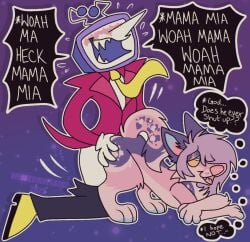 anal anal_sex anthro blush blush_lines bottomwear bottomwear_down canid canine canis clothed clothing crossed_arms deltarune dialogue doggy_style droopy_eyes duo electronics featureless_crotch for_a_head from_behind_position hand_on_butt hi_res humanoid humanoid_on_anthro male male/male mammal motion_lines necktie object_head pants pants_down partially_clothed penetration raised_tail screen screen_face screen_head self-ship sex sharp_teeth speech_bubble suit tail teeth television tenna_(deltarune) text thought_bubble tv_head undertale_(series) wickedwhiskerz yumeship