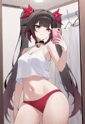 1girls ai_generated bell belly blush breasts brown_hair choker cleavage crop_top curvy hi_res highres hips honkai:_star_rail honkai_(series) long_hair medium_breasts mirror navel no_pants phone pink_eyes red_panties selfie shirt sidillusts slender_waist slim_waist smile solo sparkle_(honkai:_star_rail) stomach thick_thighs thighs thin_waist twintails wide_hips