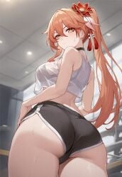 1girls ai_generated ass ass ass_focus bare_shoulders big_ass big_butt black_bra blush booty_shorts bra bra_visible_through_clothes breasts choker crop_top curvy dolphin_shorts fat_ass from_behind guinaifen_(honkai:_star_rail) hi_res highres hips honkai:_star_rail honkai_(series) huge_ass huge_butt long_hair looking_at_viewer looking_back medium_breasts orange_hair ponytail shirt short_shorts shorts sidillusts slender_waist slim_waist solo sweat thick_thighs thighs thin_waist wide_hips yellow_eyes