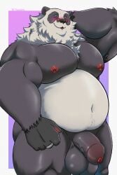 1boy 2d anthro bara bear cowboy_shot digital_media eyewear feral foreskin furry giant_panda glasses hi_res male male_only mammal mihoyo musclegut nude overweight pan_yin_hu phimosis pubes simple_background smile solo tanpa_(artist) uncircumcised zenless_zone_zero
