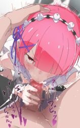 1boy :>= blunt_bangs blush breasts censored cum cum_in_mouth detached_sleeves fellatio female from_above hair_ornament hair_over_one_eye hand_on_another's_head handjob highres looking_at_viewer looking_up maid maid_headdress mochi-jun mosaic_censoring motion_lines nipples oral pink_hair purple_ribbon ram_(re:zero) re:zero_kara_hajimeru_isekai_seikatsu red_eyes ribbon small_breasts solo_focus straight x_hair_ornament