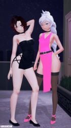 2girls arrancon black_hair black_hair_female blue_eyes cleavage dress hand_behind_back hand_behind_head legwear nightmare_waifu ponytail pose posing red_highlights ruby_rose rwby scar_across_eye sideboob silver_eyes weiss_schnee