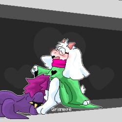1:1 anthro ass blush blush_lines clothed clothing clothing_lift deltarune digital_media_(artwork) duo embarrassed eyewear fellatio female glasses grimeire hi_res lying male nude on_front oral penile pixel_(artwork) ralsei scarf sex sucking susie_(deltarune) tail undertale_(series) wearing_glasses
