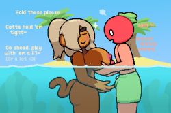 admiral_brickell anthro big_breasts bloons_td_6 bloons_tower_defense blush blushing btd6 bulge bulge_through_clothing embarrassed holding holding_breast huge_breasts island monkey palm_tree ponytail red_face red_skin smug smug_expression smug_face smug_grin smug_smile sparkle squeezing_breast surprised_expression surprised_face swimming_trunks tail tease teasing text tomato tomato_(okami_tomato) water zxtomatofan