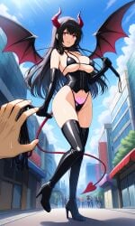 ai_generated bangs bare_shoulders bat_wings bikini black_bikini black_corset black_footwear black_gloves black_hair black_legwear black_swimsuit black_thighhighs black_wings blue_sky blush boots breasts building city cleavage clothing cloud corset crowd day demon_girl demon_horns demon_tail demon_wings elbow_gloves female female footwear gloves groin heart heart_tattoo high_heel_boots high_heels highleg holding holding_whip horns large_breasts latex leash legwear light_rays long_hair looking_at_viewer male micro_bikini navel original outdoors parted_lips pov_hands pubic_tattoo red_eyes revealing_clothes shoes skindentation sky smile solo_focus standing succubus sunlight sweat swimsuit tail tattoo thigh_boots thighhighs thighs walking wings