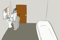 ass bathroom bottom_heavy brushing_teeth demon demon_female female female_demon gray_hair grey_skin large_ass non_vore original_character plump toastyloaf zyn_(toastyloaf)