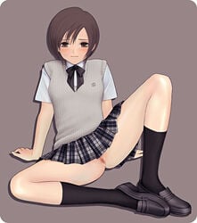 1girls blush bottomless brown_eyes brown_hair female final_fantasy final_fantasy_vii no_panties nude school_uniform short_hair suhara_(protea) undressing yuffie_kisaragi