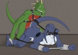 anthro ass ball_gag bangaa bodily_fluids cuff_(restraint) cuffed_ankles cuffed_wrists cum cum_in_ass cum_inside doggy_style duo final_fantasy from_behind_position gag gagged genital_fluids hand_on_butt lizard male raised_tail reptile restraints scalie sex smile spinal22 square_enix submissive_male tail thrakos tornado_(character)