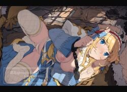 1boy arch_bishop_(ragnarok_online) blonde_hair blue_bow blue_dress blue_eyes blush bound bound_wrists bow breasts breasts_out censored clenched_teeth commentary_request cross cuffs dress female female_pubic_hair fishnet_thighhighs fishnets frilled_hairband frilled_thighhighs frills full_body hair_ornament hairband hairbow heart heart_hair_ornament juliet_sleeves large_breasts letterboxed long_hair long_sleeves looking_at_viewer lying mosaic_censoring nagioka nipples no_shoes on_side paid_reward_available panties penis penis_on_face pubic_hair pubic_hair_peek puffy_sleeves ragnarok_online red_hairband sash shadow_chaser_(ragnarok_online) solo_focus straight teeth thighhighs two-tone_dress underwear vial white_dress white_panties white_thighhighs yellow_sash