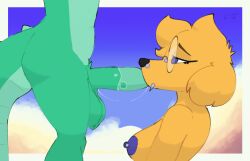 animated anthro balls big_balls breasts canid canine canis closed_eyes deep_throat domestic_dog duo eyewear facial_piercing fellatio female genitals glasses green_body hi_res lizard loop male male/female mammal nipple_piercing nipples nose_piercing nude oral oral_penetration penetration penile penis piercing reptile scalie sex short_playtime sky tail whiskey_(yellowhighlite) yellow_body yellowhighlite