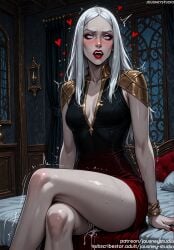 after_sex after_vaginal ahe_gao ai_generated armor bangs bed biting black_dress blue_eyes blush bracelet breasts carmilla_(castlevania) castlevania castlevania_(netflix) cleavage clothing crossed_legs cum cum_in_pussy cumdrip dress earrings english_text fangs female female female_only heart indoors jewelry jousneystudio large_breasts lips lipstick long_hair makeup medium_breasts no_bra on_bed open_mouth original pale_skin parted_lips red_dress red_lips red_nails rolling_eyes scar shoulder_armor sitting sleeveless sleeveless_dress solo sweat teeth thighs trembling vampire white_hair window