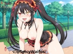 1girls ahe_gao ahe_gao ai_generated anime_style black_hair cum cum_in_pussy date_a_live park ponytail red_eyes sex tokisaki_kurumi waifu watermark yellow_eyes