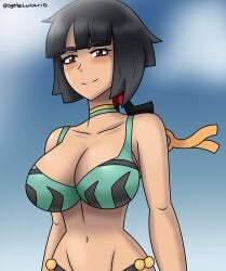 2025 belly_button big_breasts black_hair blush breasts choker clouds green_bra green_swimsuit looking_at_viewer looking_down_at_viewer nintendo pokemon pokemon_oras red_eyes roythelucario self_upload sky smile swimsuit zinnia_(pokemon)