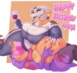 alcohol anthro belly_rub beverage cake candle chestdandy clothing dessert duo fat feeding female female/female food gold_(metal) gold_jewelry inflation jewelry keeshee lying nipple_piercing nipples nipples_visible_through_clothing on_back piercing purple_body purple_scales reptile scales scalie snake stuffing tongue tongue_out torn_clothing vranda white_body white_scales wine