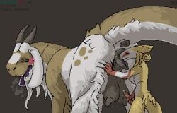 anthro anus black_anus black_horn black_vulva bovid brown_body brown_fur canine_vulva caprine cunnilingus dragon duo erection felkin female feral fur furred_dragon furred_scalie goat horn hybrid larger_penetrated male male/female mammal mustard_(welcometothevoid) mythological_creature mythological_scalie mythology oral penetration scalie sergal sex size_difference sniffing teats teeth thyme_(mustard) vaginal_penetration white_body white_fur yellow_eyes