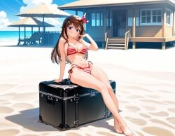 1girls ai_generated barefoot beach belly belly_button bikini blue_eyes brown_hair female hand_in_hair hololive hololive_gen_0 hololive_japan long_hair navel red_bikini sitting striped_bikini suitcase thighs tokino_sora virtual_youtuber wide_hips