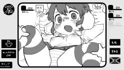 16:9 anthro areola blush bodily_fluids bottomwear breasts camel_toe caught clothing female hi_res konomi_(oposa) legwear messy_clothing monochrome nipples oposa panicking skirt stockings sweat underwear widescreen