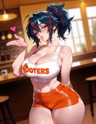 1girls ai_generated arm_behind_back balecxi bangs bar_(place) bar_stool bare_shoulders black_hair blowing_kiss blurry_background blush brand_name_imitation breasts cafe cleavage clothes_writing clothing collarbone counter crop_top curvaceous curvaceous_female curvaceous_figure curvy curvy_figure employee_uniform female female_focus female_only hair_between_eyes hooters hoyoverse indoors inviting inviting_to_sex large_breasts lips looking_at_viewer midriff mihoyo mole multicolored_hair navel no_legwear o3o one_eye_closed orange_shorts parted_lips ponytail presenting presenting_ass presenting_breasts presenting_hindquarters presenting_self puckered_lips red_eyes red_hair restaurant seductive seductive_look seductive_smile shirt short_shorts shorts solo stool streaked_hair table tank_top thick_thighs thighs two-tone_hair uniform voluptuous voluptuous_female waitress white_tank_top zenless_zone_zero zhu_yuan