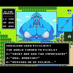 dancer_outfit dragon_quest giantess knj_ex large_breasts macro micro mountains pixel_art rpg siftmicro slime_(dragon_quest) slime_girl sprite text