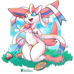 1:1 2024 anthro black_nose blue_eyes bow_ribbon breasts cloud colored derideal digital_drawing_(artwork) digital_media_(artwork) ears_up eeveelution english_text female food fruit generation_6_pokemon grass hi_res icon kiaun letter nintendo nude plant pokemon pokemon_(species) ribbons shaded signature simple_background sky smile solo sylveon symbol text url white_background