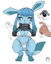 1girls ? ambiguous_gender blue_body blue_sclera blush_lines bra breasts disembodied_hand eeveelution furry generation_4_pokemon glaceon haramikarubi medium_breasts panties paws pokémon_(species) pokemon pokemon_(species) pokemon_dppt presenting_breasts shaking_hand simple_background sweat sweater white_eyes